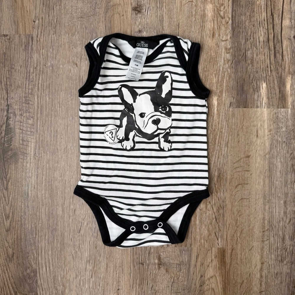 Guess Frenchie Black & White Striped Baby Onesie, Size 0-3, EUC